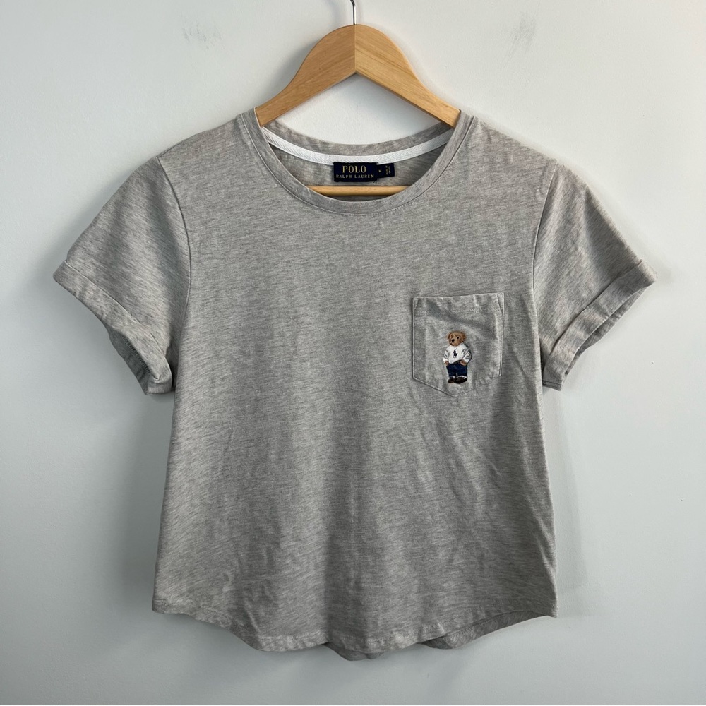 Polo Ralph Lauren Bear T-Shirt Medium Women’s Pocket Tee Gray Short Sleeve Top